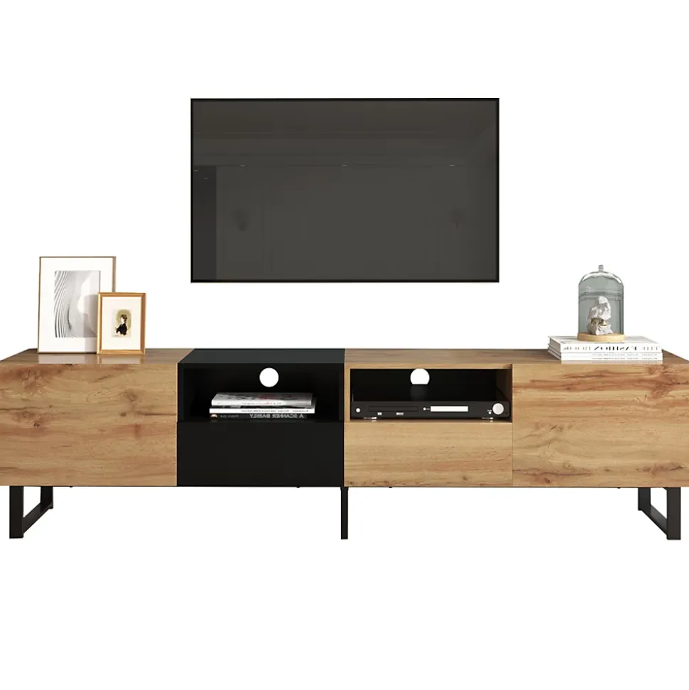 Meuble TV 190cm, avec 2 tiroir, 2 portes, 2 compartiment ouvert, style scandinave, Commode TV en chêne sauvage - Marron