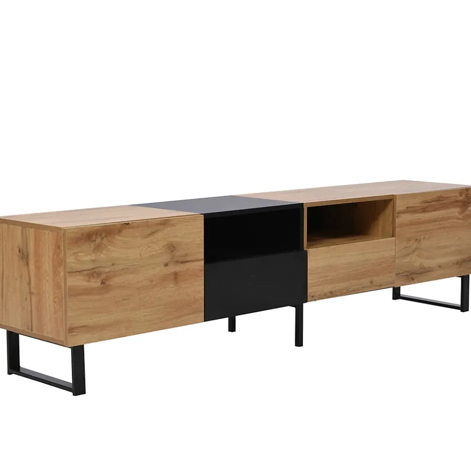 Meuble TV 190cm, avec 2 tiroir, 2 portes, 2 compartiment ouvert, style scandinave, Commode TV en chêne sauvage - Marron