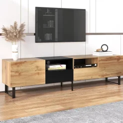Meuble TV 190cm, avec 2 tiroir, 2 portes, 2 compartiment ouvert, style scandinave, Commode TV en chêne sauvage - Marron