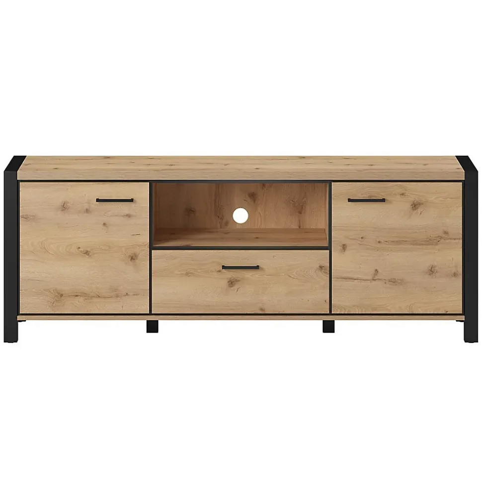 Meuble TV 180cm collection TIVORA. Couleur chene et noir. 2 portes et 1 tiroir.