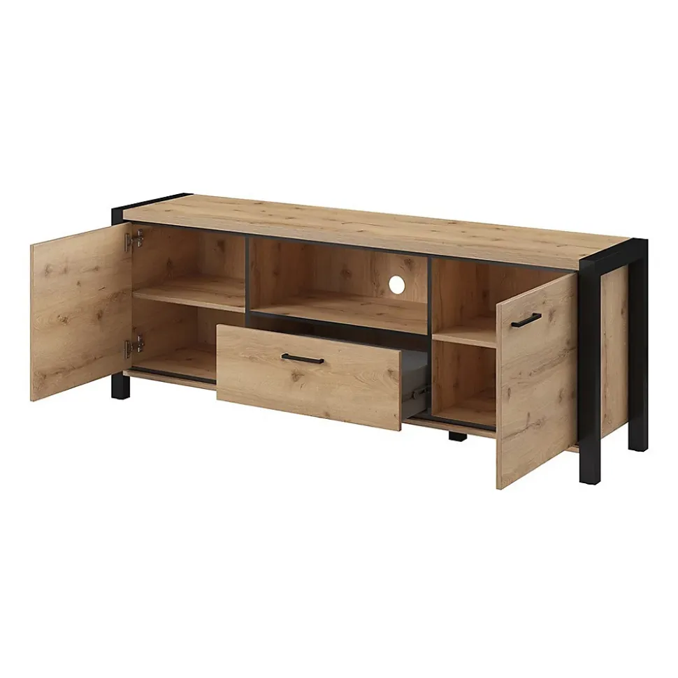 Meuble TV 180cm collection TIVORA. Couleur chene et noir. 2 portes et 1 tiroir.