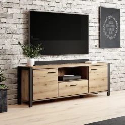 Meuble TV 180cm collection TIVORA. Couleur chene et noir. 2 portes et 1 tiroir.