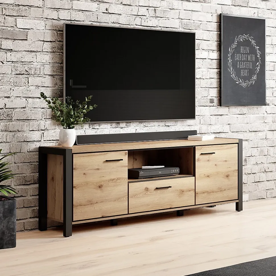 Meuble TV 180cm collection TIVORA. Couleur chene et noir. 2 portes et 1 tiroir.