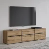 Meuble TV 180cm coloris chene et noir collection HAVANA. Meuble design avec 3 portes et 3 tiroirs.