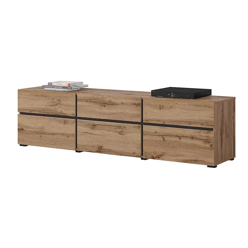 Meuble TV 180cm coloris chene et noir collection HAVANA. Meuble design avec 3 portes et 3 tiroirs.