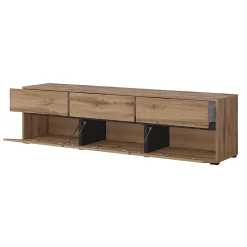 Meuble TV 180cm coloris chene et noir collection HAVANA. Meuble design avec 3 portes et 3 tiroirs.