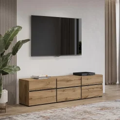 Meuble TV 180cm coloris chene et noir collection HAVANA. Meuble design avec 3 portes et 3 tiroirs.