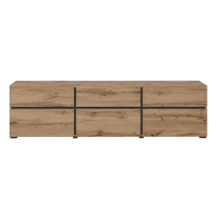 Meuble TV 180cm coloris chene et noir collection HAVANA. Meuble design avec 3 portes et 3 tiroirs.