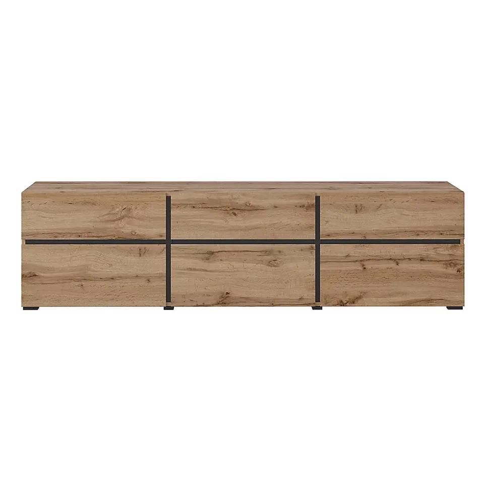 Meuble TV 180cm coloris chene et noir collection HAVANA. Meuble design avec 3 portes et 3 tiroirs.