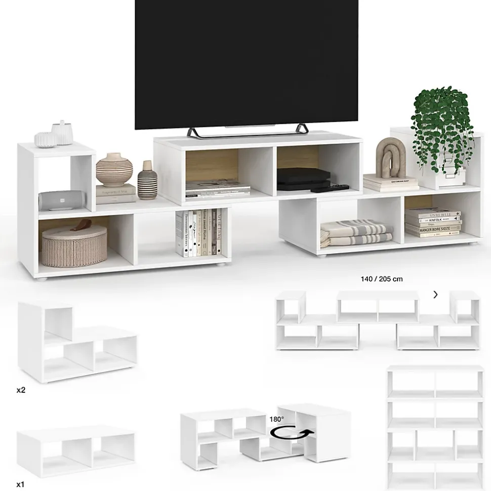Meuble TV combiné 3 pièces modulables LEONARD pour salon chambre et bureau, 140-205 x 30 x 43 cm