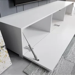 Meuble TV contemporain - Blanc mat & porte brillante - 3 compartiments - Avec pieds - L 180 x P 40 x H 32 cm