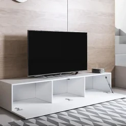 Meuble TV contemporain - Blanc brillant - 3 compartiments - Bois - 160x32x40 cm