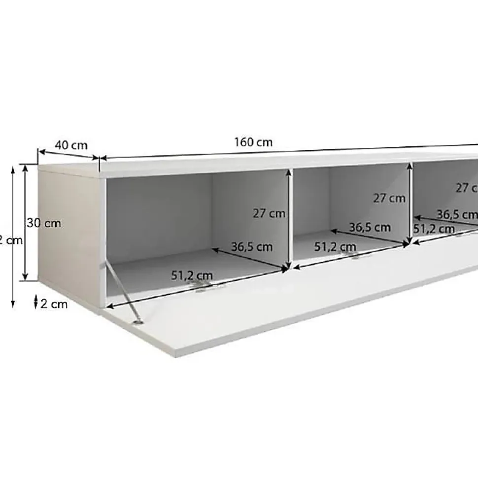 Meuble TV contemporain - Blanc brillant - 3 compartiments - Bois - 160x32x40 cm