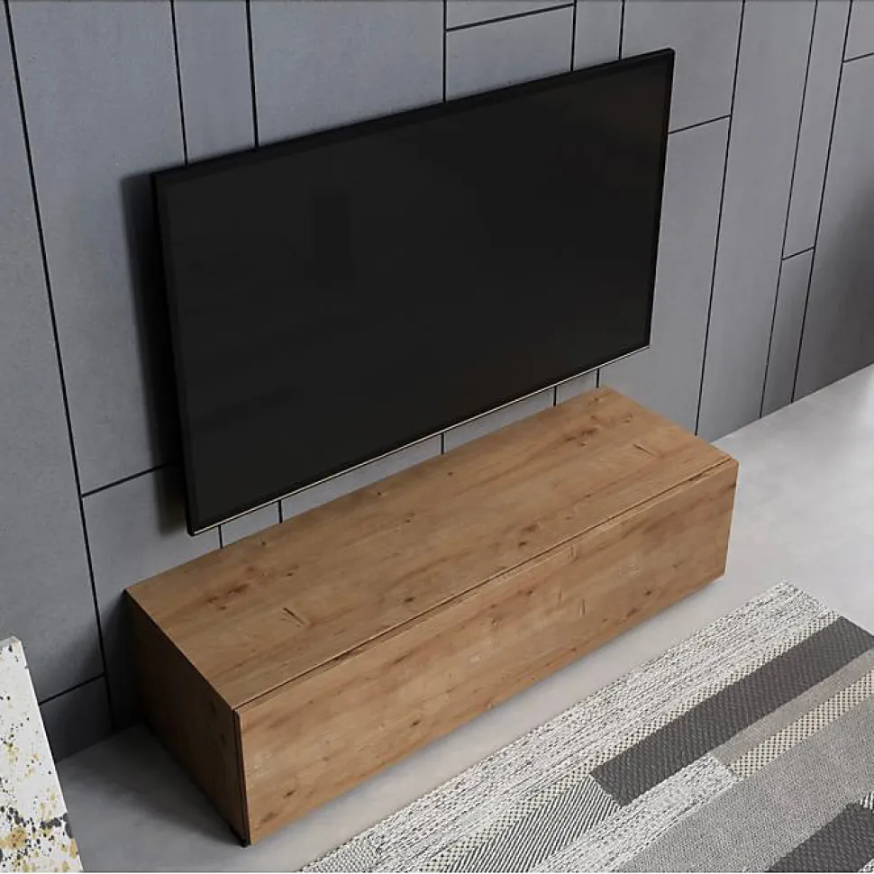 Meuble TV contemporain - Chêne mat - 1 porte, 2 compartiments - Mélamine/MDF - Lot 1 - L 120 x P 40 x H 32 cm