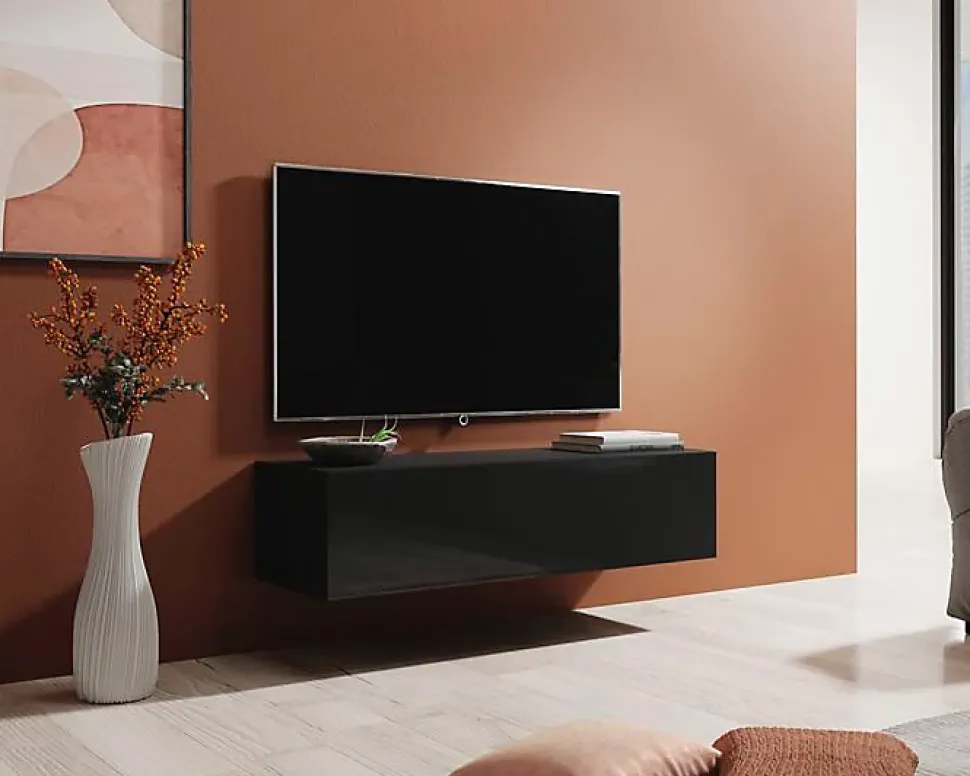 Meuble TV contemporain - Mélamine brillante - Noir - 2 compartiments - 120 x 30 x 40 cm