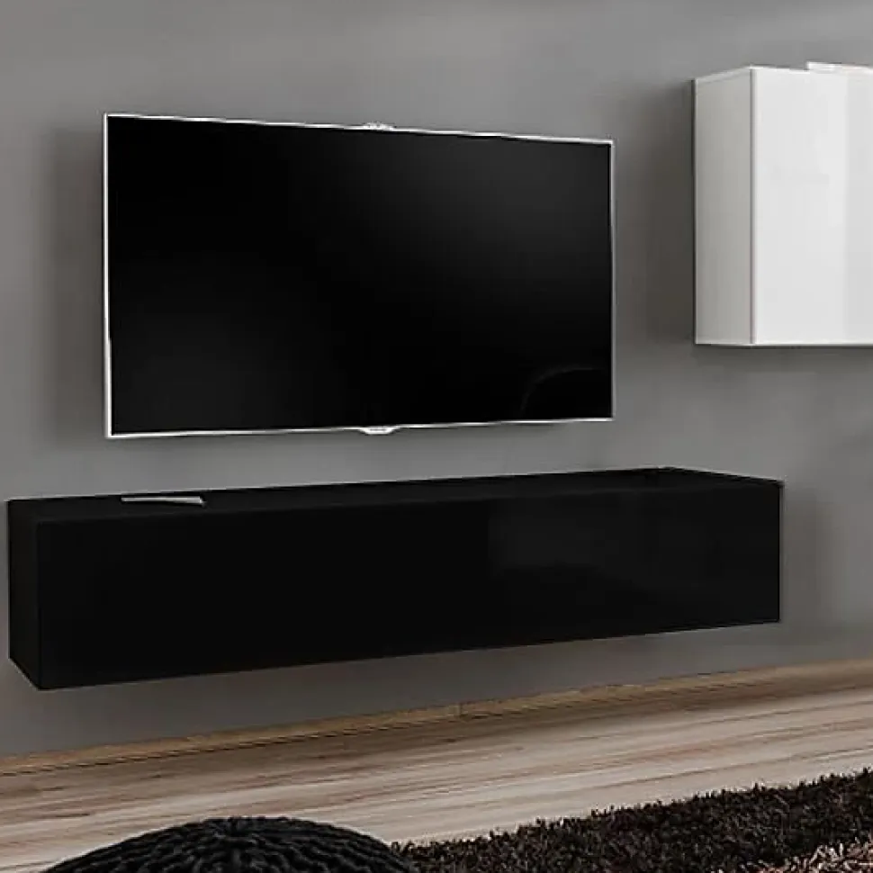 Meuble TV contemporain - Mélamine brillante - Noir - 2 compartiments - 120 x 30 x 40 cm