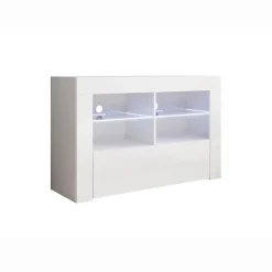 Meuble TV contemporain - Mélaminé blanc brillant - LED bleue - 1 porte, 6 compartiments - 100 x 65 x 35 cm
