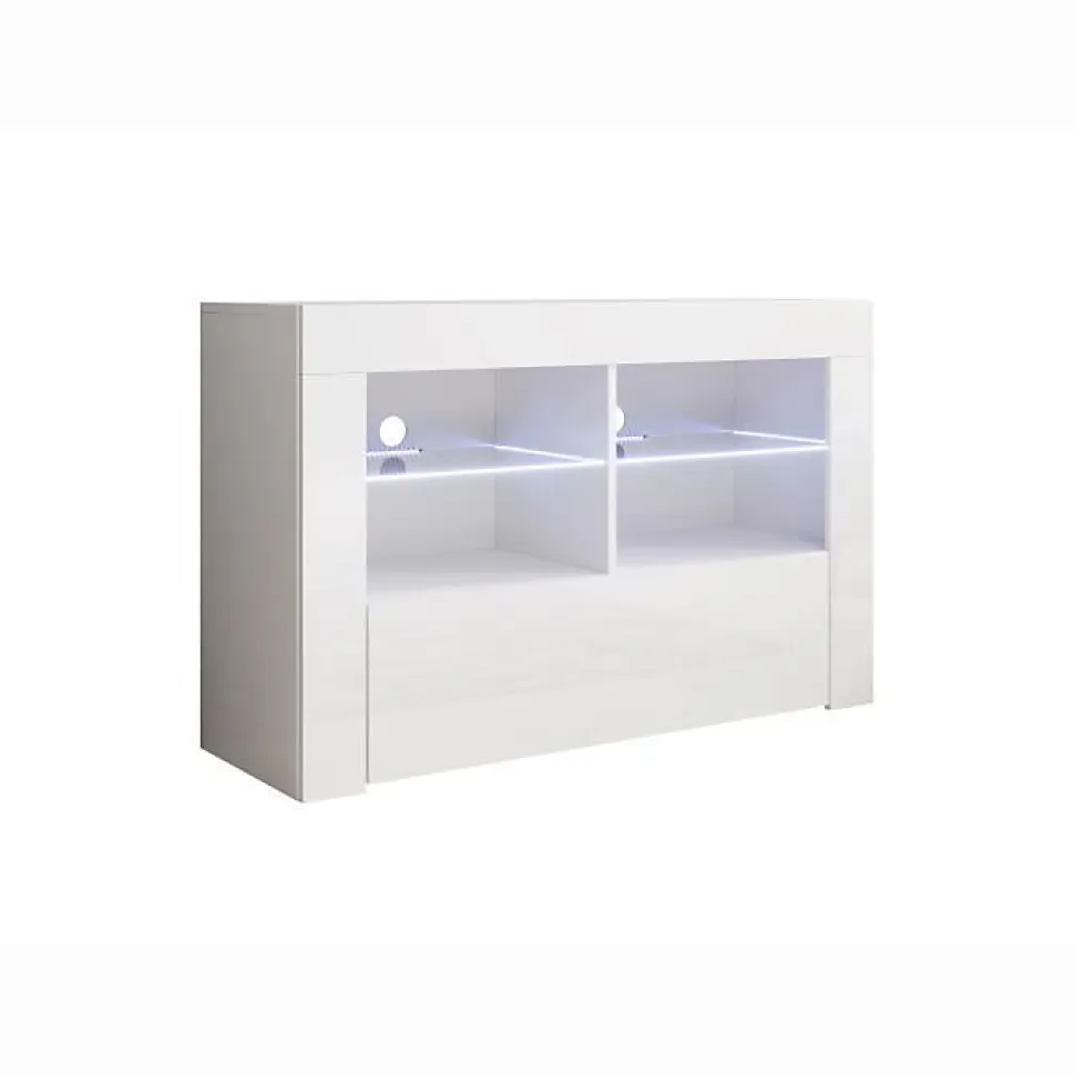 Meuble TV contemporain - Mélaminé blanc brillant - LED bleue - 1 porte, 6 compartiments - 100 x 65 x 35 cm