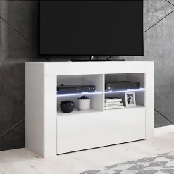 Meuble TV contemporain - Mélaminé blanc brillant - LED bleue - 1 porte, 6 compartiments - 100 x 65 x 35 cm