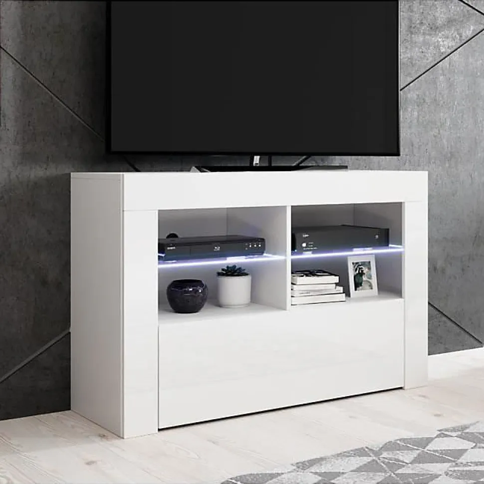 Meuble TV contemporain - Mélaminé blanc brillant - LED bleue - 1 porte, 6 compartiments - 100 x 65 x 35 cm