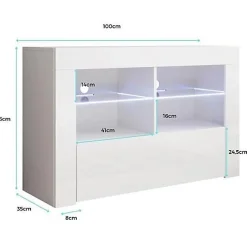 Meuble TV contemporain - Mélaminé blanc brillant - LED bleue - 1 porte, 6 compartiments - 100 x 65 x 35 cm