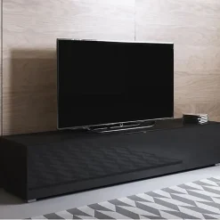 Meuble TV contemporain - Noir brillant - 3 compartiments - 160x32x40 cm