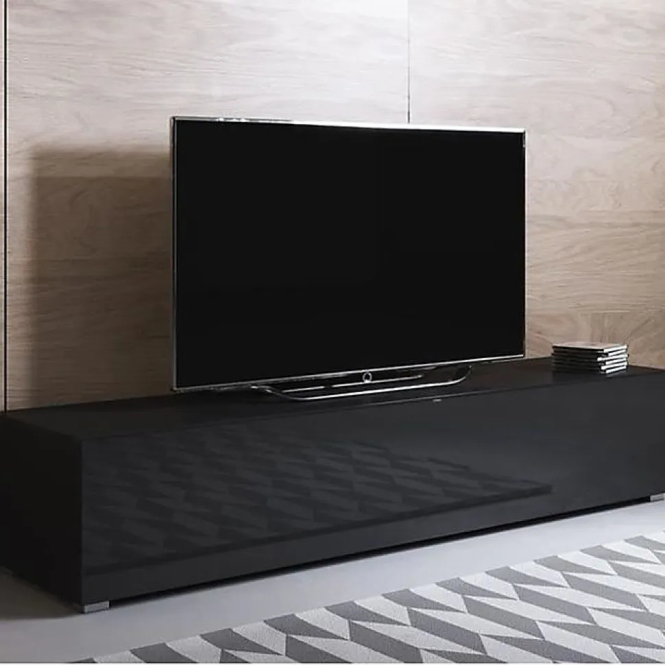 Meuble TV contemporain - Noir brillant - 3 compartiments - 160x32x40 cm