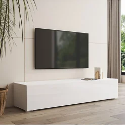 Meuble TV contemporain avec pieds - Blanc, MDF/PVC - 3 compartiments - 160x40x32 cm