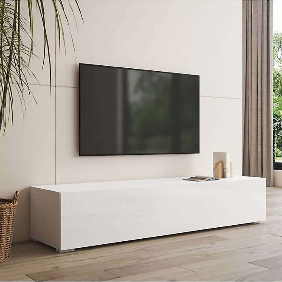 Meuble TV contemporain avec pieds - Blanc, MDF/PVC - 3 compartiments - 160x40x32 cm