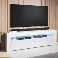 Meuble TV contemporain LED - Blanc brillant - Mélamine - 2 portes, 2 compartiments - 140 x 50,5 x 35 cm