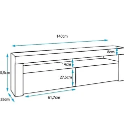 Meuble TV contemporain LED - Blanc brillant - Mélamine - 2 portes, 2 compartiments - 140 x 50,5 x 35 cm