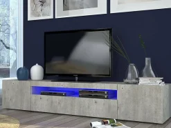 Meuble TV Dafrim, Buffet bas de salon avec 3 portes, Base pour meuble TV, 200x40h37 cm, Ciment, avec lumière LED