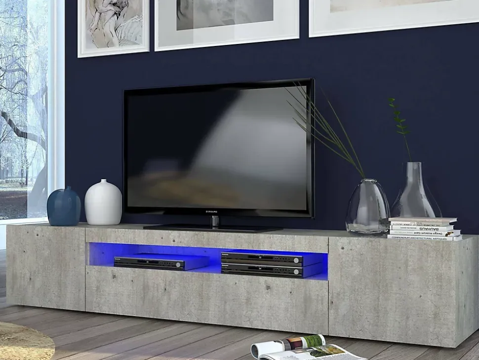 Meuble TV Dafrim, Buffet bas de salon avec 3 portes, Base pour meuble TV, 200x40h37 cm, Ciment, avec lumière LED