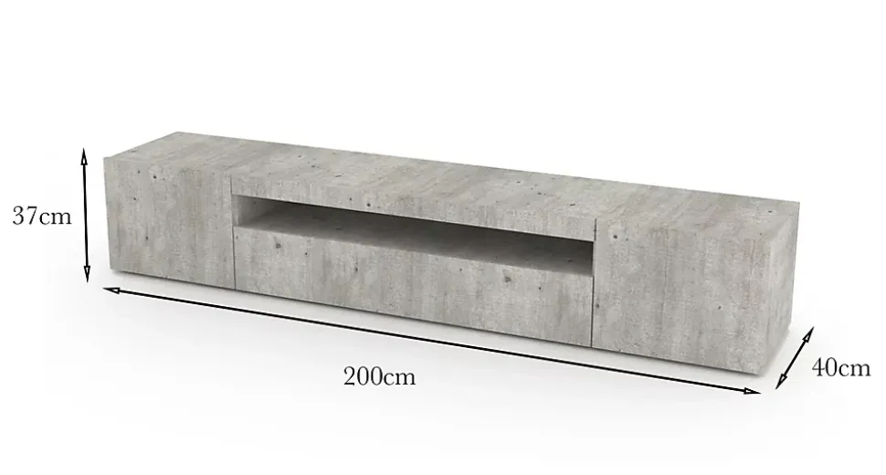 Meuble TV Dafrim, Buffet bas de salon avec 3 portes, Base pour meuble TV, 200x40h37 cm, Ciment, avec lumière LED