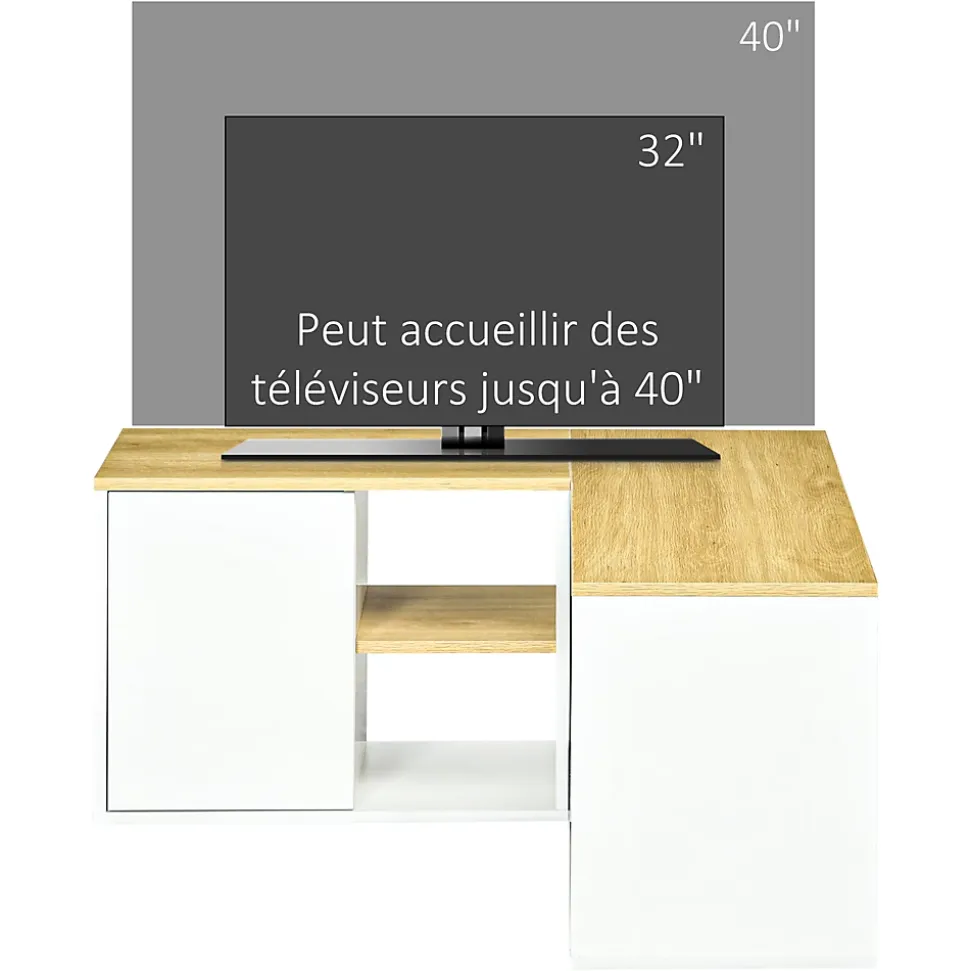 Meuble TV d'angle banc TV en L 2 portes 3 niches panneaux aspect bois chêne clair blanc