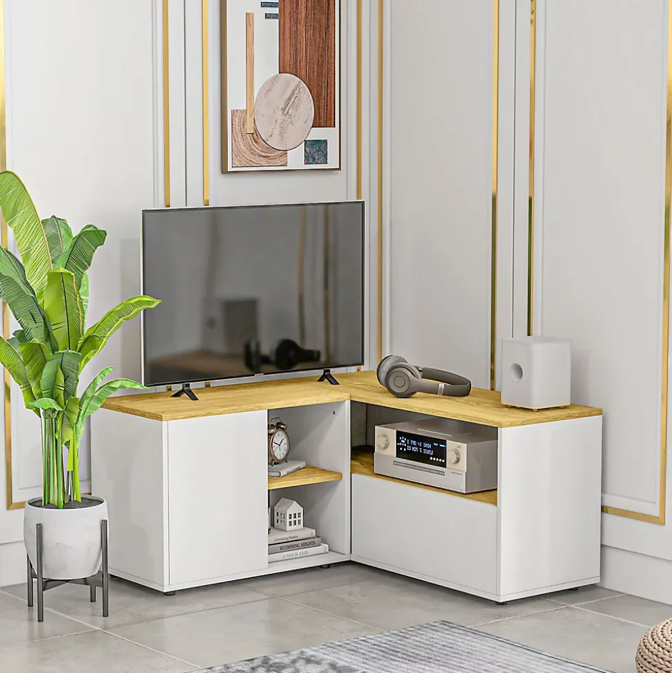 Meuble TV d'angle banc TV en L 2 portes 3 niches panneaux aspect bois chêne clair blanc