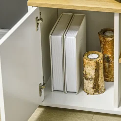 Meuble TV d'angle banc TV en L 2 portes 3 niches panneaux aspect bois chêne clair blanc