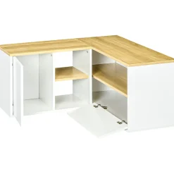 Meuble TV d'angle banc TV en L 2 portes 3 niches panneaux aspect bois chêne clair blanc