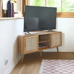 Meuble TV d'angle en décor bois et cannage. 2 portes. 1 étagère. 115cm