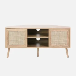 Meuble TV d'angle en décor bois et cannage. 2 portes. 1 étagère. 115cm