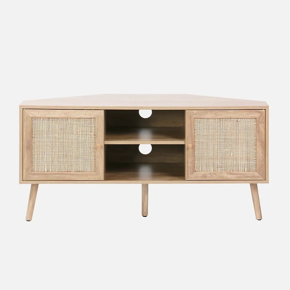 Meuble TV d'angle en décor bois et cannage. 2 portes. 1 étagère. 115cm