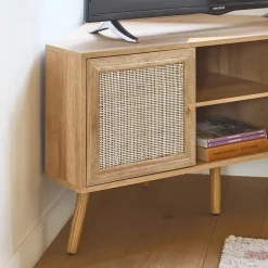 Meuble TV d'angle en décor bois et cannage. 2 portes. 1 étagère. 115cm