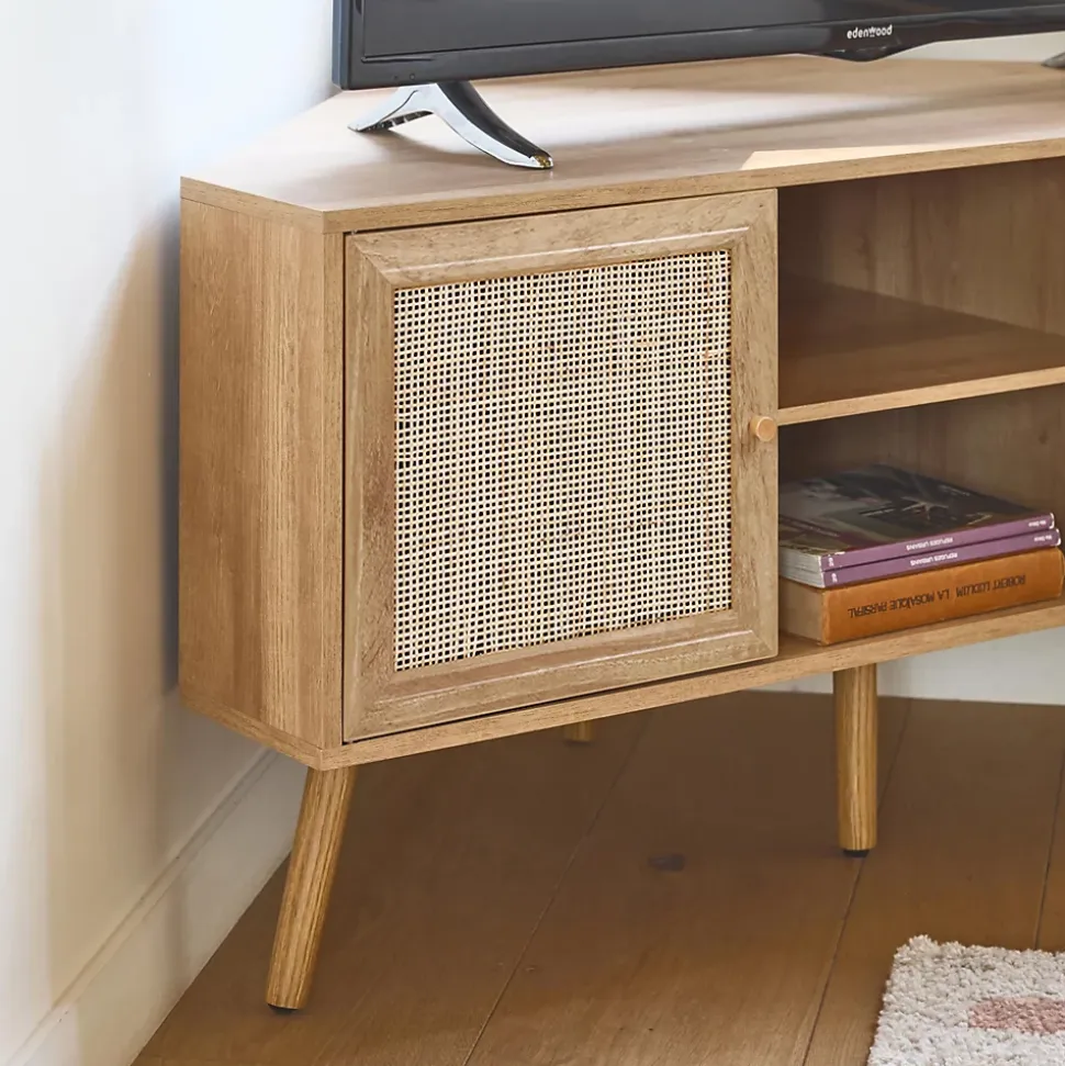 Meuble TV d'angle en décor bois et cannage. 2 portes. 1 étagère. 115cm