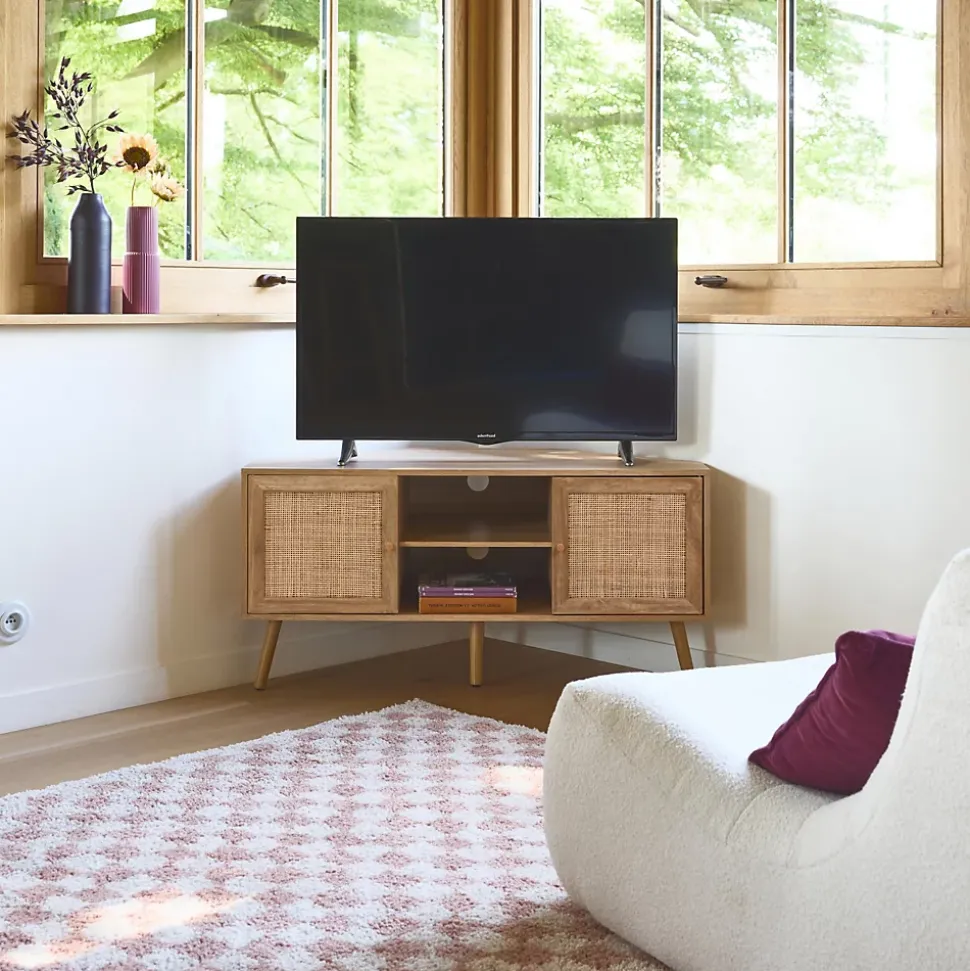 Meuble TV d'angle en décor bois et cannage. 2 portes. 1 étagère. 115cm