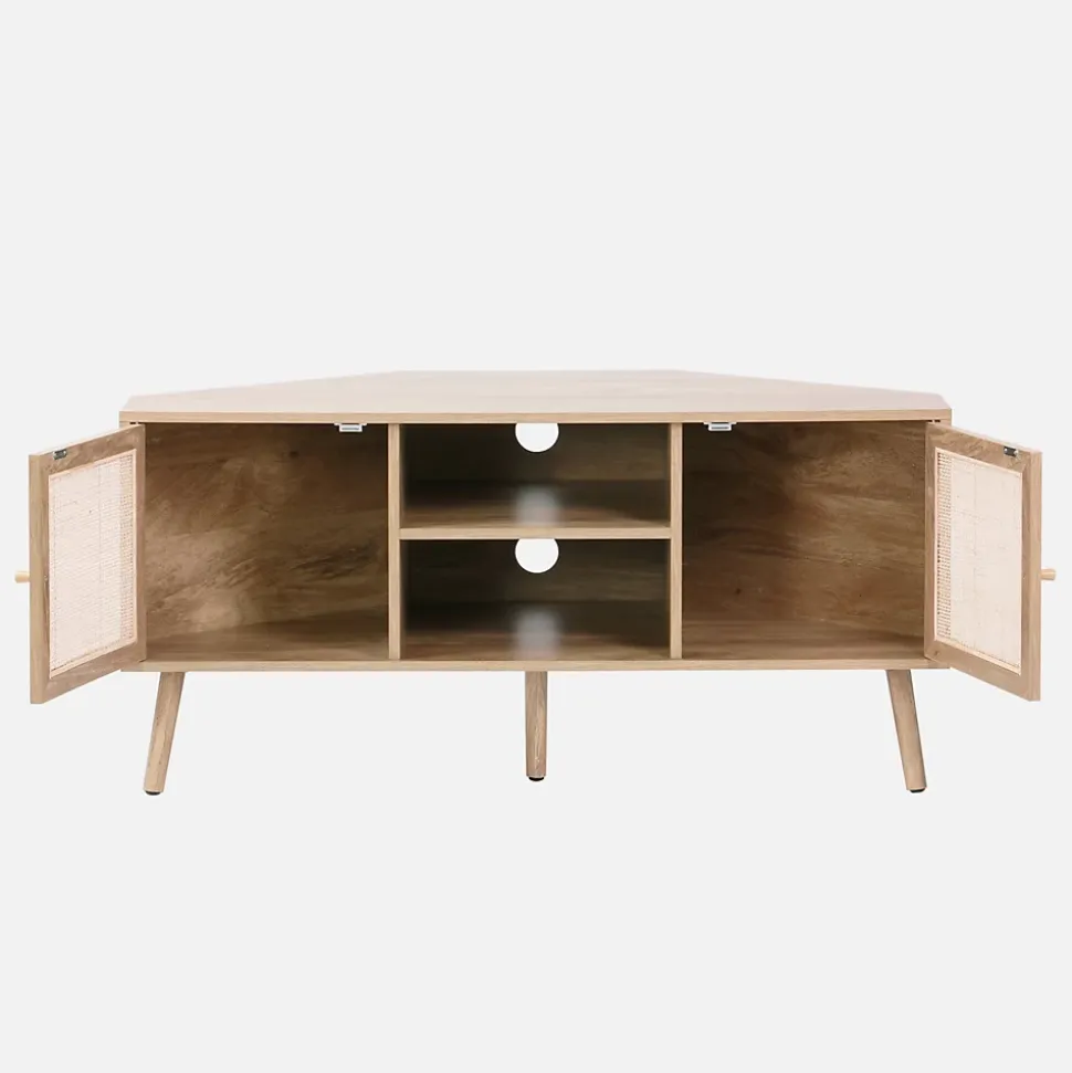 Meuble TV d'angle en décor bois et cannage. 2 portes. 1 étagère. 115cm