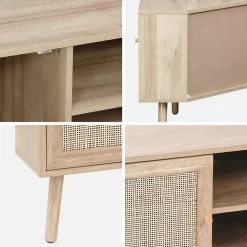 Meuble TV d'angle en décor bois et cannage. 2 portes. 1 étagère. 115cm