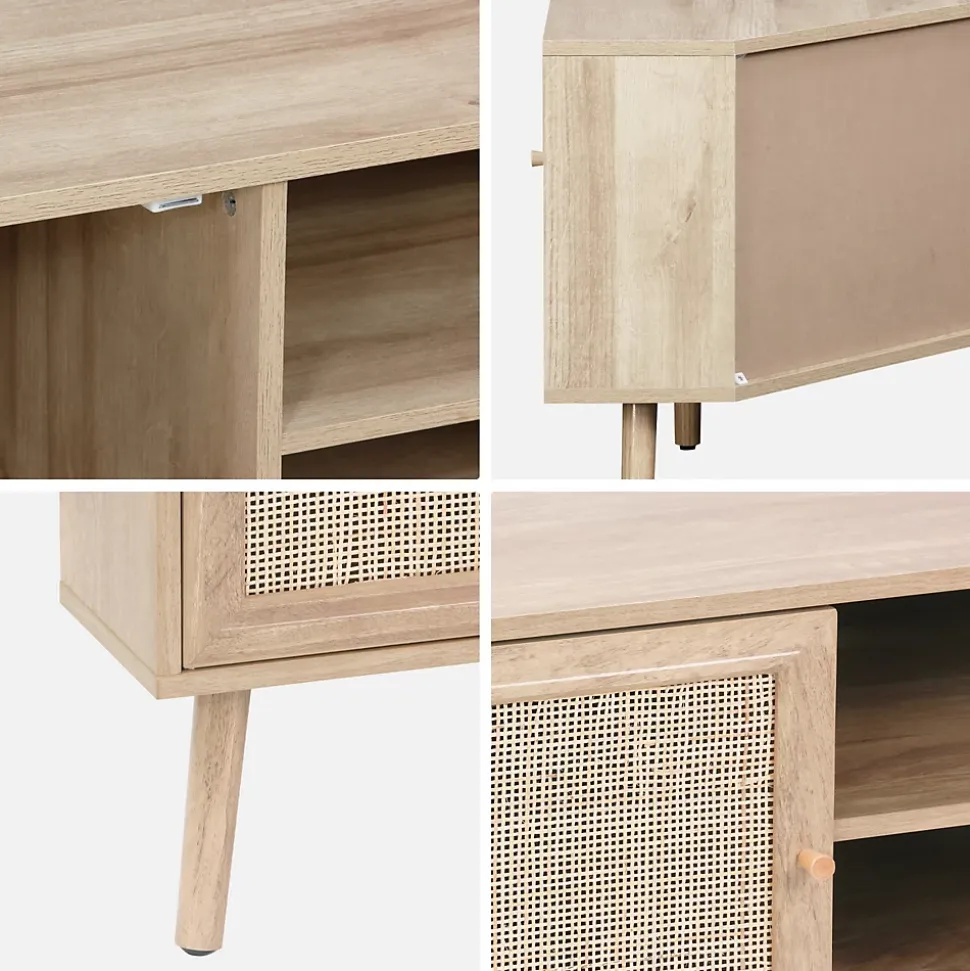 Meuble TV d'angle en décor bois et cannage. 2 portes. 1 étagère. 115cm