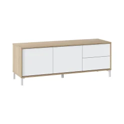 Meuble TV Dayha, Buffet pour télévision avec 2 portes, Meuble TV de salon, Buffet pour salon, 130x41h47 cm, Chêne et Blanc