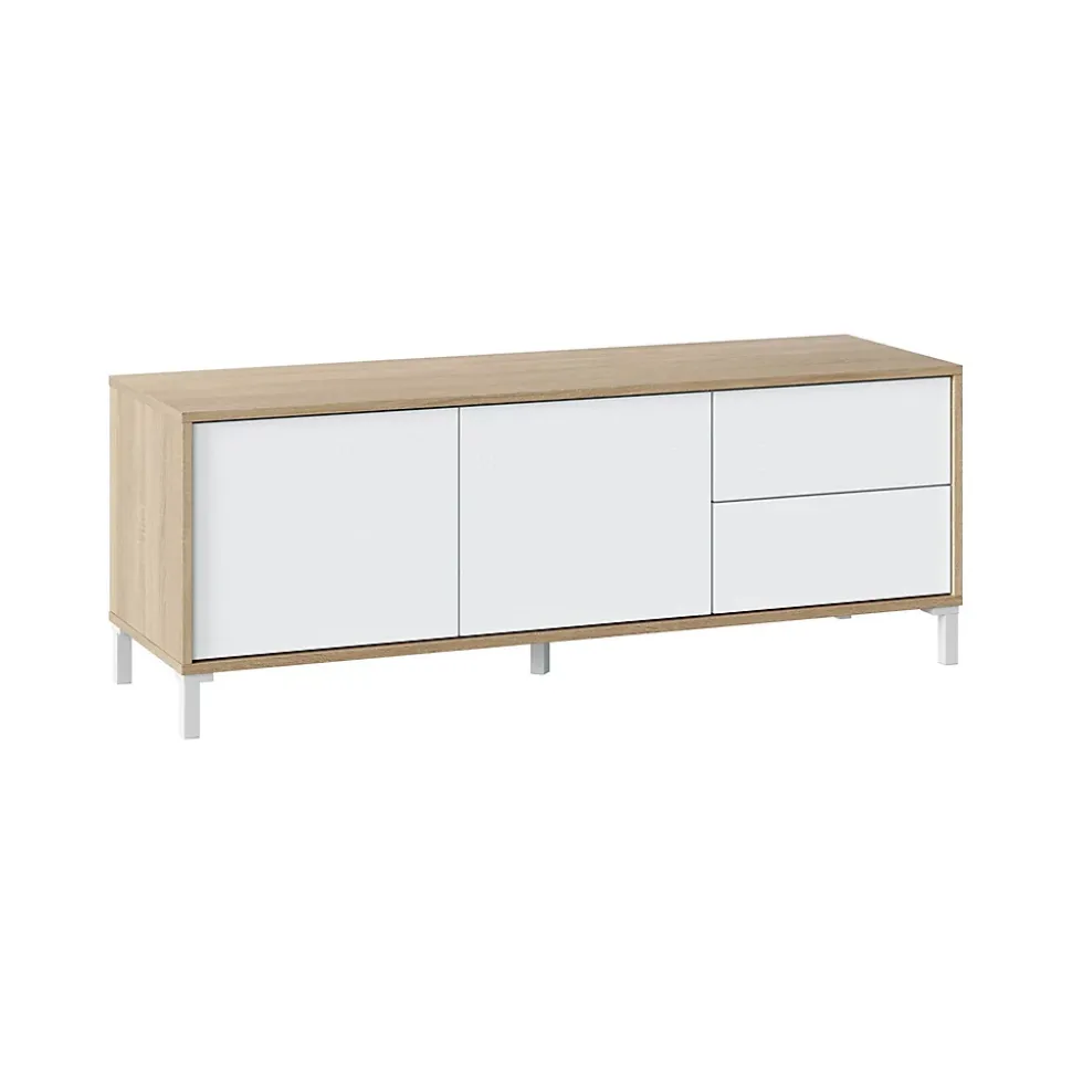 Meuble TV Dayha, Buffet pour télévision avec 2 portes, Meuble TV de salon, Buffet pour salon, 130x41h47 cm, Chêne et Blanc