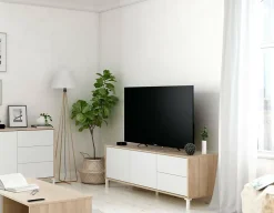 Meuble TV Dayha, Buffet pour télévision avec 2 portes, Meuble TV de salon, Buffet pour salon, 130x41h47 cm, Chêne et Blanc